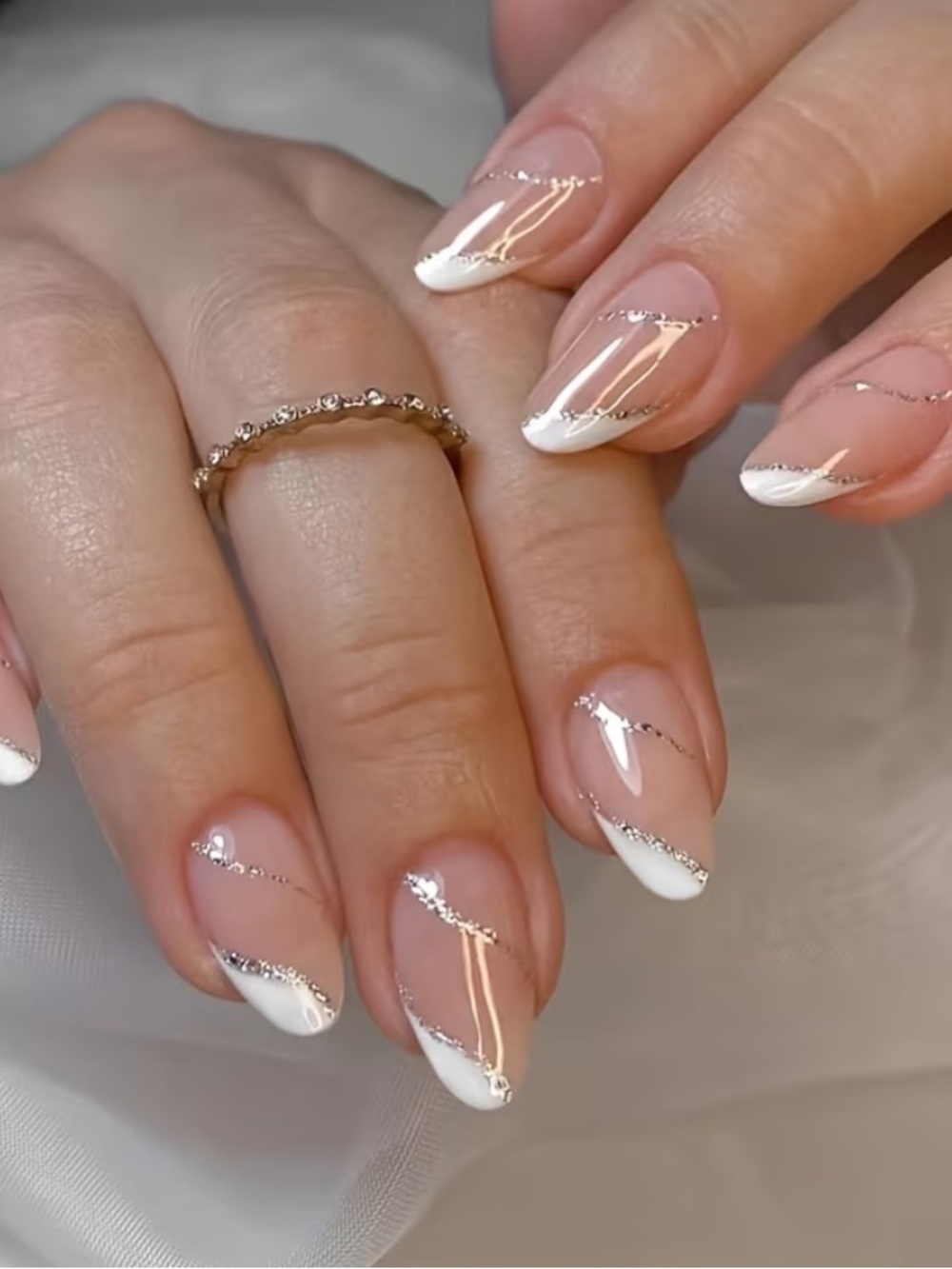 Classic White French Tip Nail Set with Silver Accent - Women Makeup